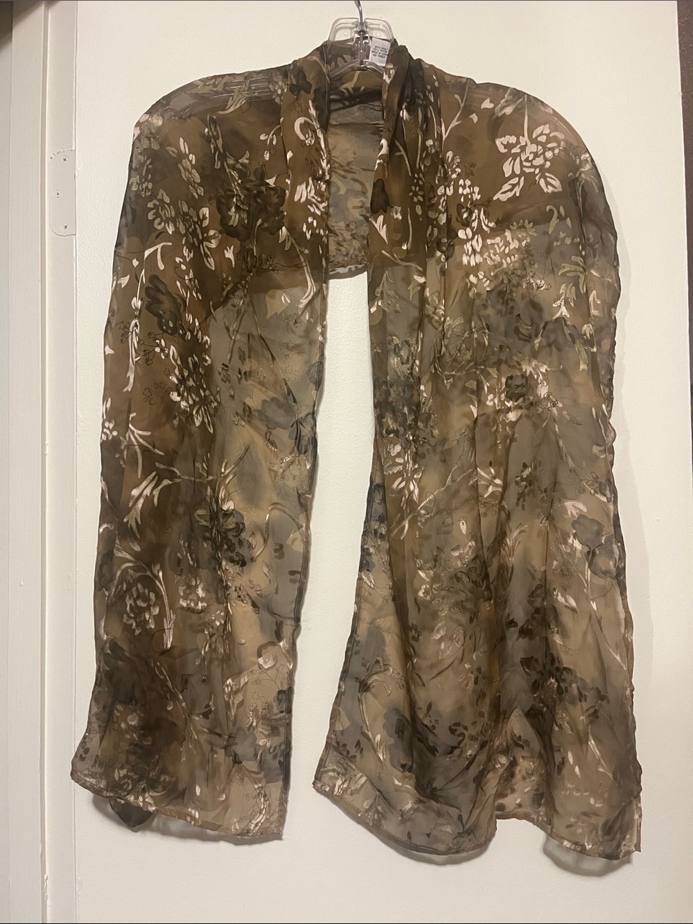 Chico's Silk Sheer Floral Scarf in Brown and Cream 64” x 16”
